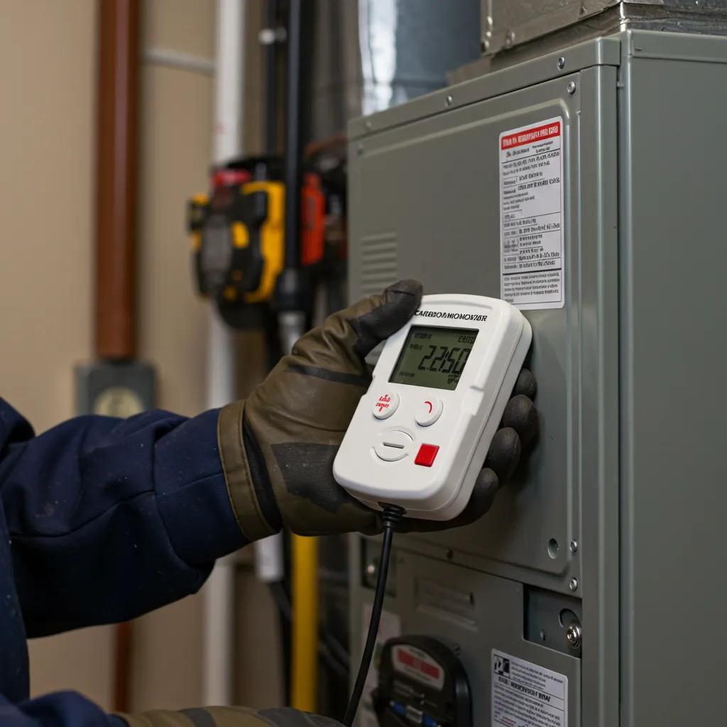 A technician performing a safety inspection on a furnace, complete with a carbon monoxide detector