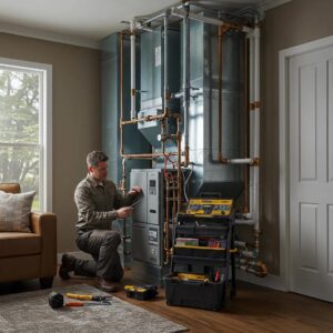A friendly technician performing a thorough check on a modern home furnace